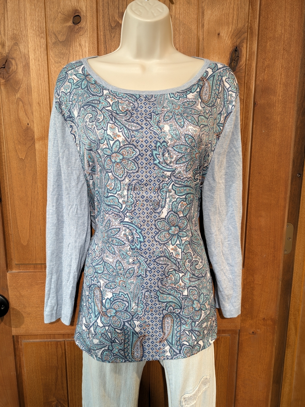 Talbots Light Blue Paisley Long-Sleeve Scoop Neck Top